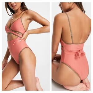 River Island wrapover cut out swimsuit in bruise pink size 10 US